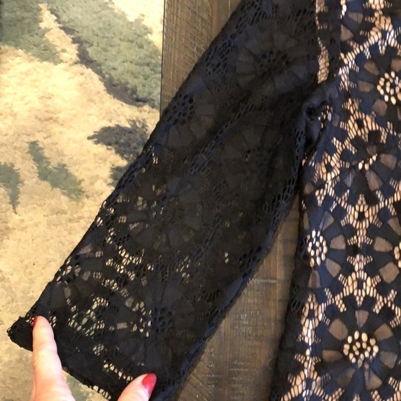 Eliza J Sheath Black Dress Embroidered Lace 3/4 Sleeves Size 8 Classy High Neck - Picture 11 of 16